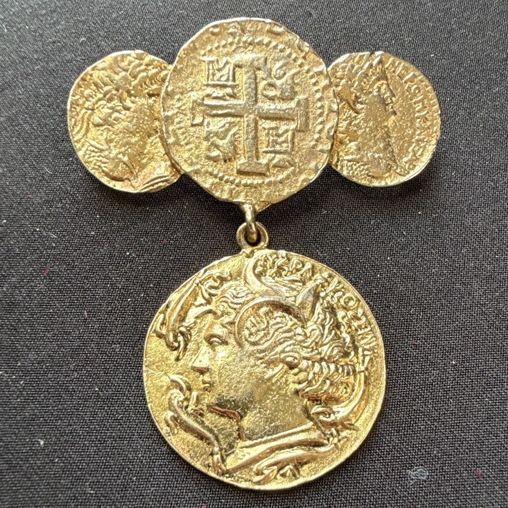 Vintage Dauplaise Signed Gold Tone Roman Coins Brooch Pin